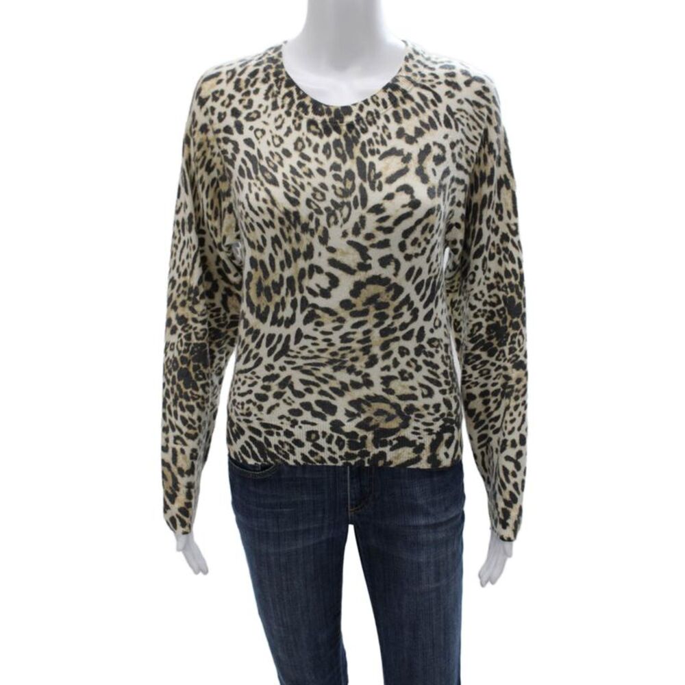 Unsubscribed Womens Cashmere Animal Print Crewneck Pullover Beige Size XS